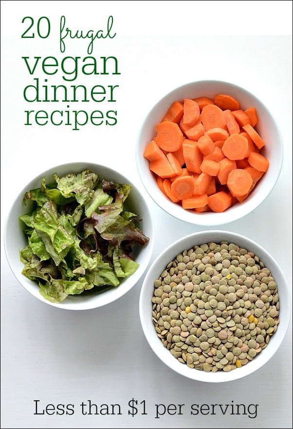 These 20 vegan dinner recipes are delicious and frugal! Each recipe costs less than $1 per serving. Healthy meals can be affordable, too!
