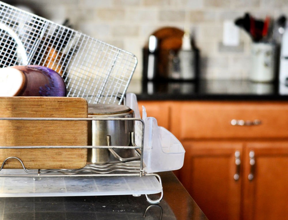 kitchen counter with drying rack
