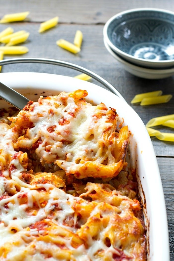 This baked pasta casserole is a delicious, flavorful, FRUGAL dinner recipe. Just $.74 per serving! Recipe from realfoodrealdeals.com
