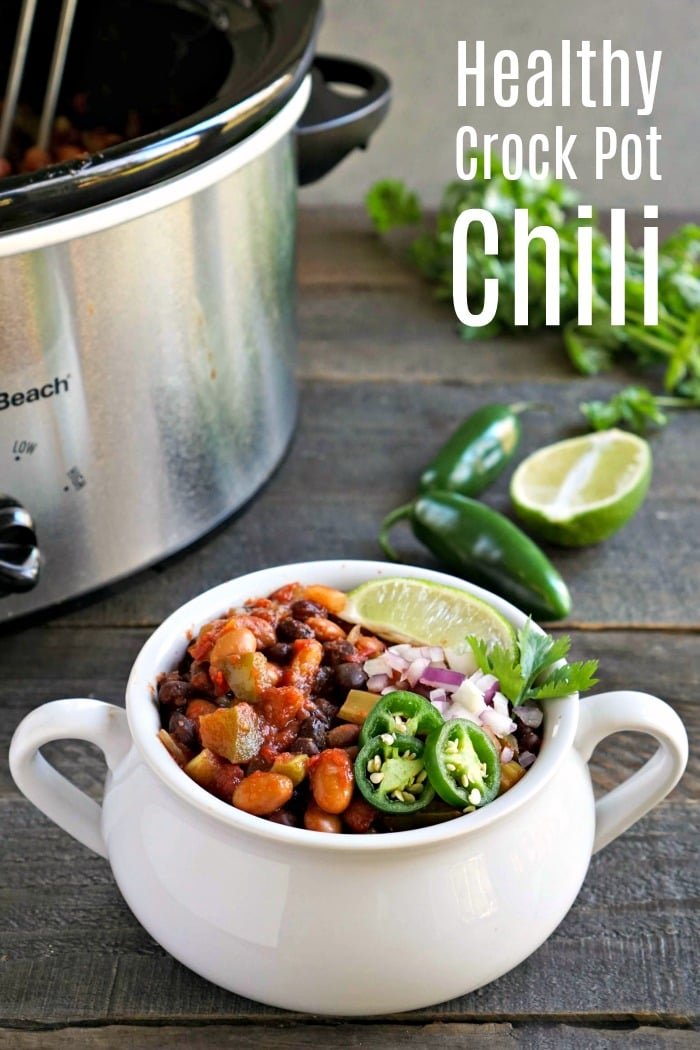 This healthy Crockpot chili is such an easy vegan dinner recipe for a busy night. It’s a cozy combination of beans and vegetables in a flavorful sauce.
