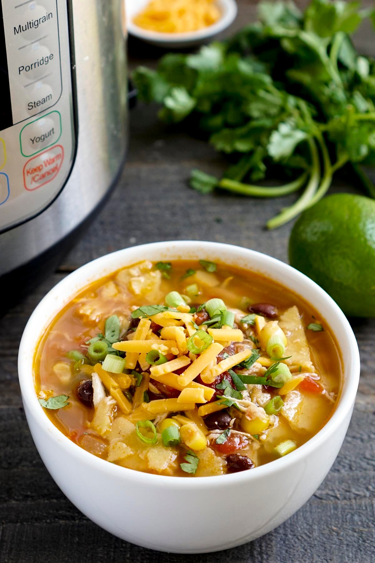 This Instant Pot chicken tortilla soup is such an easy, healthy one-pot dinner recipe! It’s great for a quick meal on a busy night. 