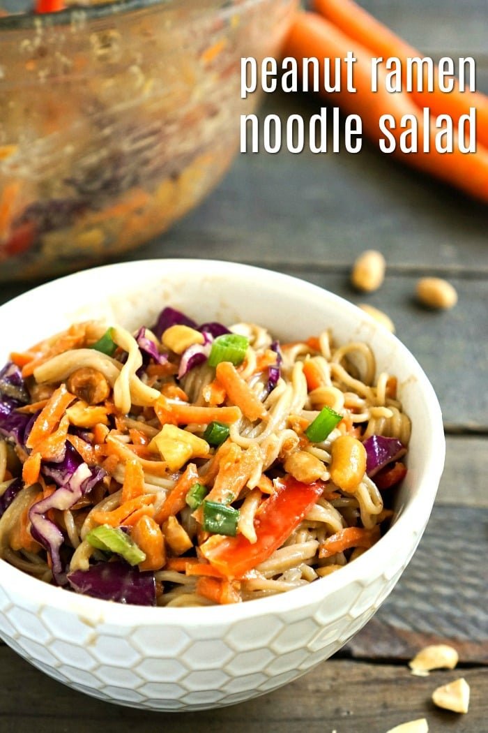 This peanut ramen noodle salad is a healthy, delicious recipe for lunch or dinner. It also makes a wonderful side dish at a potluck meal. 