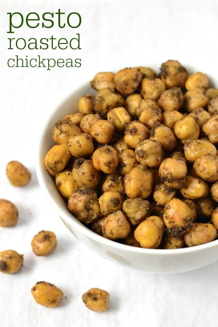 This Pesto Roasted Chickpeas recipe is a unique, healthy snack. Full of protein, nutrients, and great flavor, this is delicious on its own or on a salad.