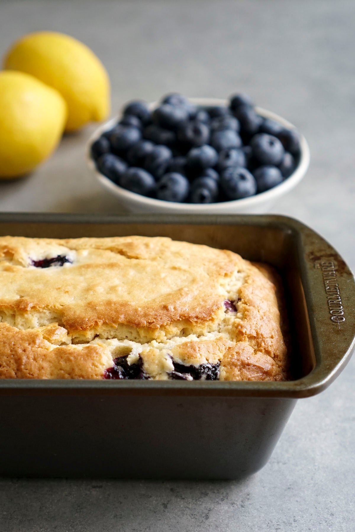 Vegan lemon blueberry bread in a pan